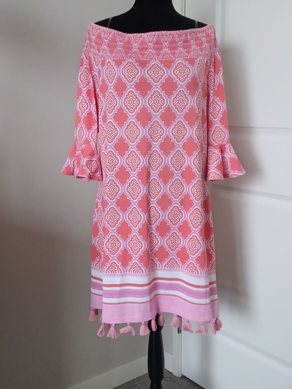 NWT Cabana Life Coral Geo Coverluxe Smocked Off the Shoulder Tassel Dress - Picture 5 of 13